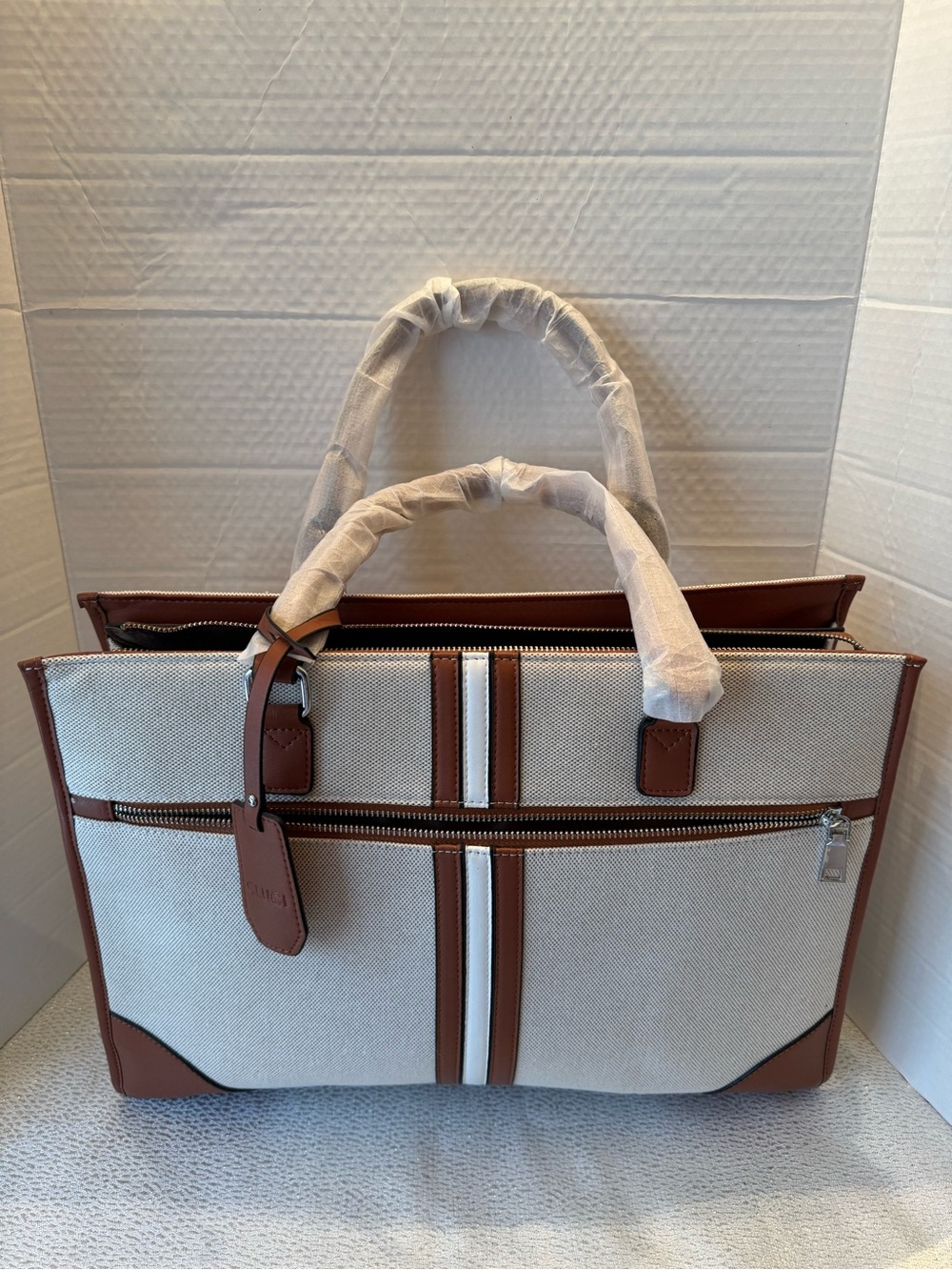 Cluci Canvas Laptop Tote Neutral Canvas Briefcase with Brown Trim/Double Handles